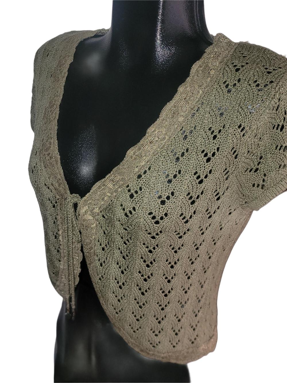 Vintage 90's Taupe-Olive Open Knit Tie-Front Short Sleeve Bolero Top Size M - Picture 3 of 6